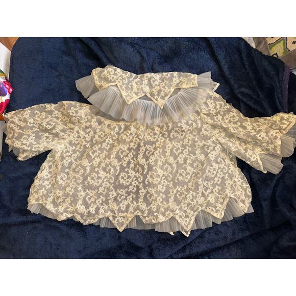 ANTIQUE 30's/40's PALEST BLUE/GRAY LAYERED LACE MESH ORGANDY BEDJACKET CARDIGAN - Picture 11 of 14